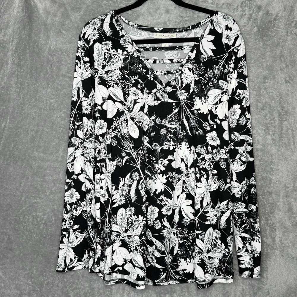 Emaline 2X Top Shirt Black Floral Flower Long Sleeve V Neck Stretch Womens